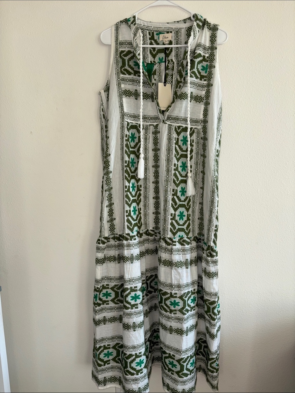 Elan White and Green Sleeveless Maxi with Tassel Tie